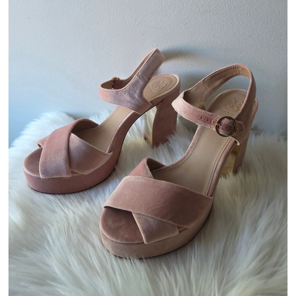 Tory Burch Loretta Velvet Plateau Sandals Blush Pink Size 10.5